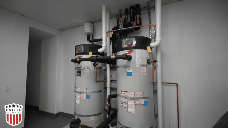 Professional-grade EF Series water heater installation featuring insulated piping and valves—used in explaining common water heater leaking causes, work by United Plumbing.
