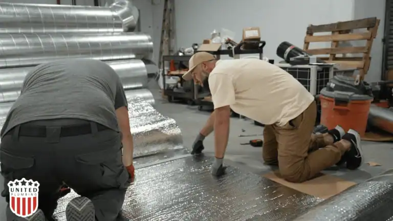Technicians installing insulation to improve HVAC duct efficiency as part of an energy-efficient electrical system upgrade