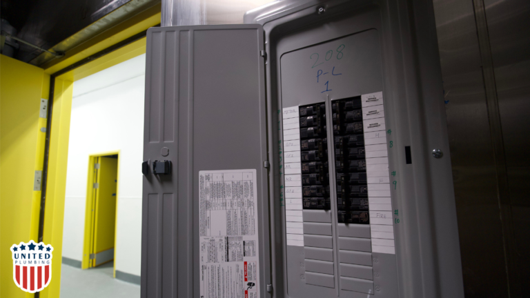Open electrical panel with labeled circuit breakers in a commercial building, installed by United Plumbing