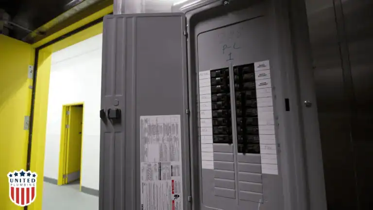 Close-up of an open electrical panel showing labeled circuit breakers inside a utility room.
