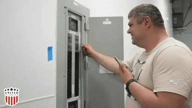 Licensed electrician inspecting and resetting a circuit breaker panel inside a residential electrical system.
