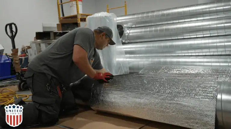United Plumbing technician installing insulation on HVAC ductwork to improve energy efficiency