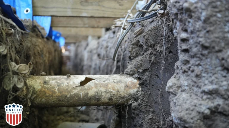 Close-up of a cracked underground drain pipe surrounded by soil and utility lines during sewer line inspection.
