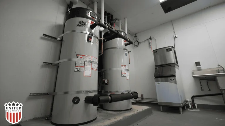Wide-angle shot of commercial utility room showing two units, providing visual context for water heater leaking problems in high-capacity systems, installed by United Plumbing.
