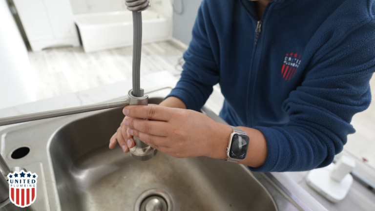 United Plumbing technician repairing a kitchen sink faucet hose, tightening faucet components above the sink.