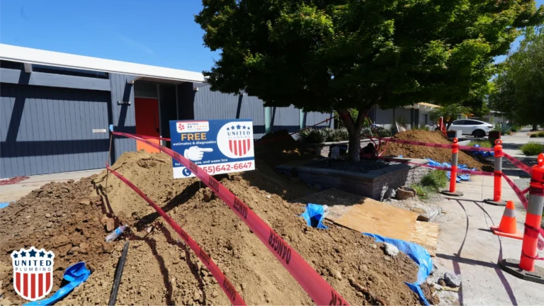 Excavated front yard with caution tape, cones, and United Plumbing sign advertising free diagnostics and estimates.
