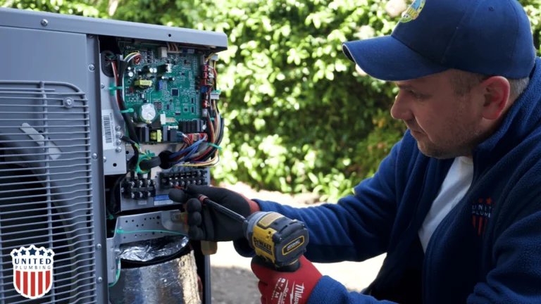 HVAC technician servicing internal wiring of an air-source heat pump during installation by United Plumbing