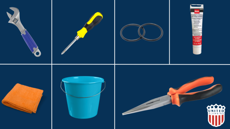 Essential tools for fixing a dripping faucet: adjustable wrench, screwdriver, O-rings, plumber’s grease, towel, bucket, needle nose pliers, displayed by United Plumbing.