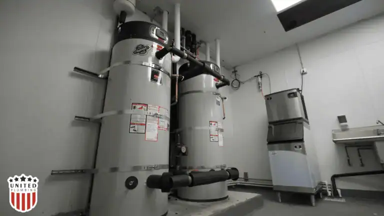 Commercial water heater system installed by United Plumbing, featuring dual tank units and a utility sink in a clean service room.