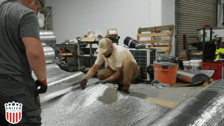 Two HVAC professionals from United Plumbing prepare reflective duct insulation in a workshop, surrounded by ventilation materials and tools.
