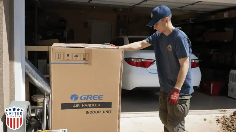 Technician from United Plumbing inspects a large boxed Gree air handler unit outside a residential garage, preparing for indoor HVAC installation