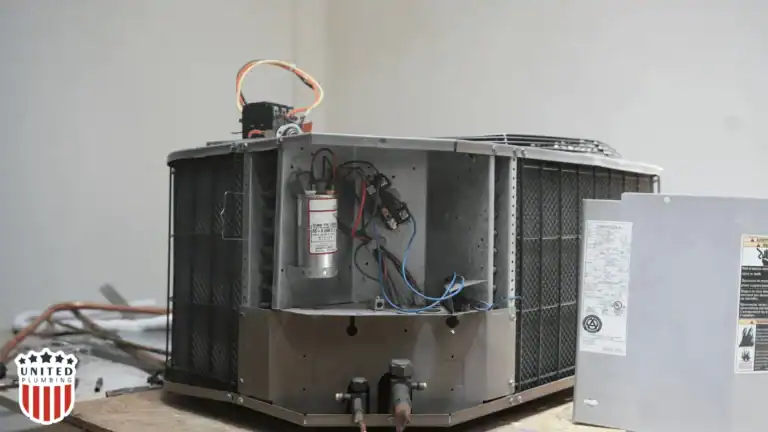  Close-up view of an open HVAC unit during repair, showing internal components and wiring with the United Plumbing logo in the corner.
