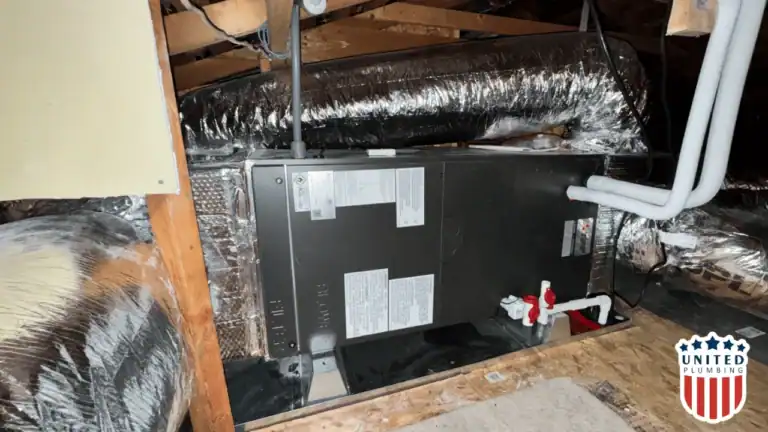 Indoor HVAC air handler unit installed in attic crawlspace with insulated ductwork – part of a full HVAC system installation.


