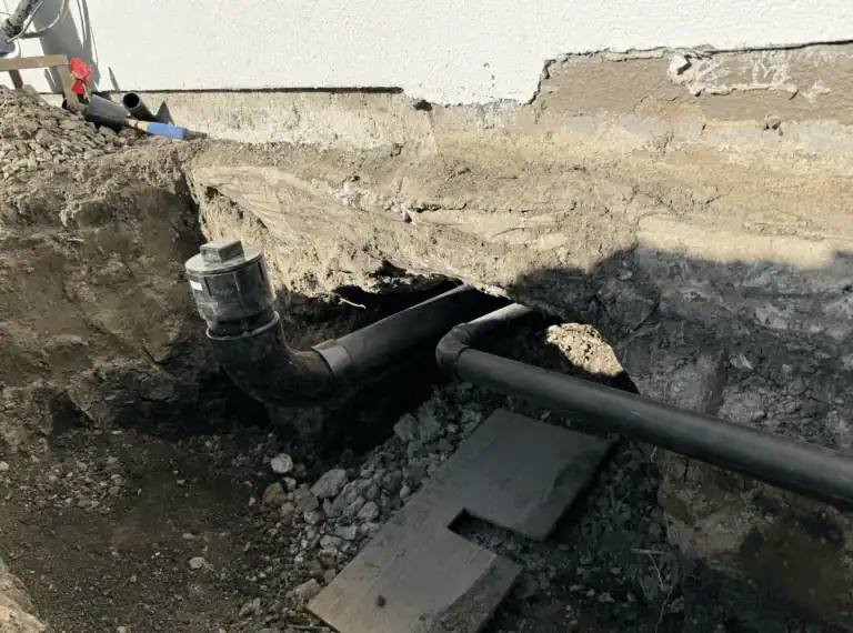 Trench showing sewer line repair in progress with black PVC pipes connected under a building foundation and surrounding dirt excavated.