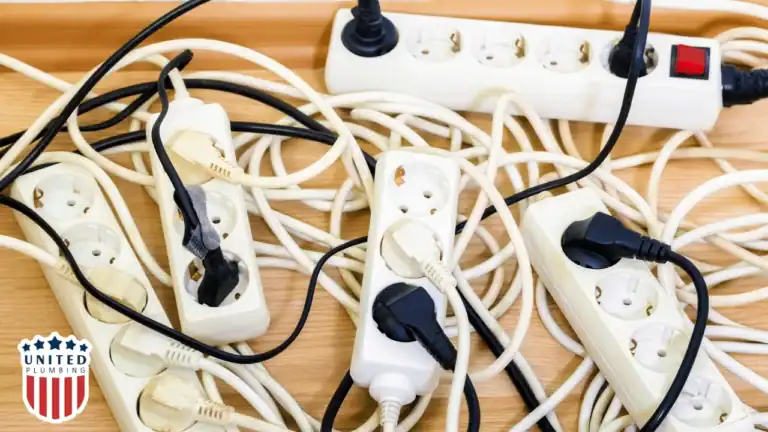 Tangled power strips with multiple plugs and cords, showing the dangers of outlet overload
