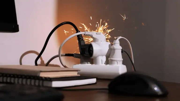 Overloaded power strip sparking due to too many devices plugged in, a common cause of circuit breaker tripping.