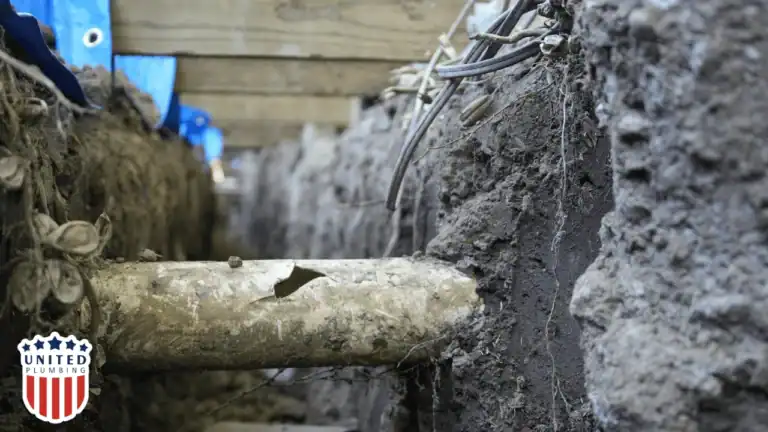 Damaged underground sewer pipe with visible hole, a common cause of recurring clogged toilets and drains.