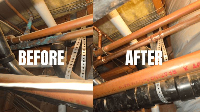 Before and after plumbing repair showing how corroded pipes can cause bathroom sink smells and how a plumber fixes the problem
