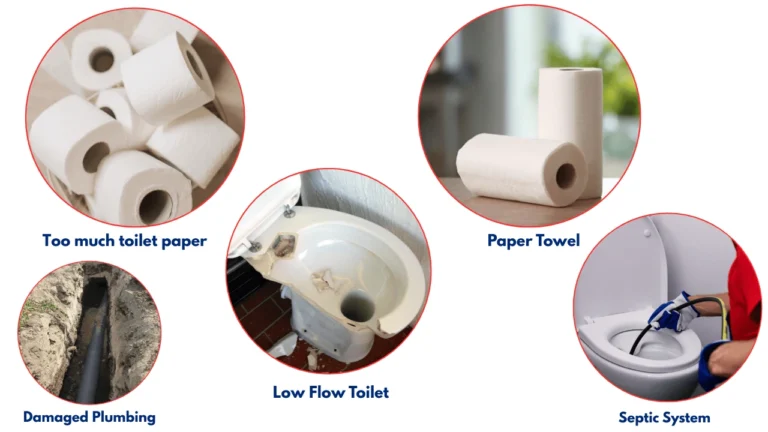 Common causes of toilet clogs including too much toilet paper, paper towels, damaged plumbing, low-flow toilets, and septic system issues  illustrated with labeled images