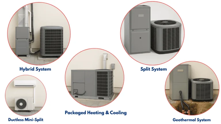 A comparison of different HVAC system types, including Hybrid System, Split System, Ductless Mini-Split, Packaged Heating and Cooling, and Geothermal System, showing their designs and components for residential heating and cooling.