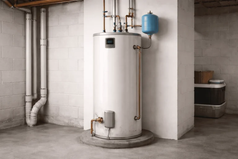 modern tank water heater installed in a utility room