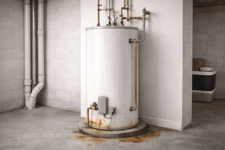 rust and corrosion forming near the bottom of an aging tank
