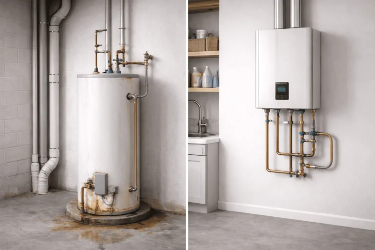 Tank vs tankless water heater lifespan comparison in a residential utility space
