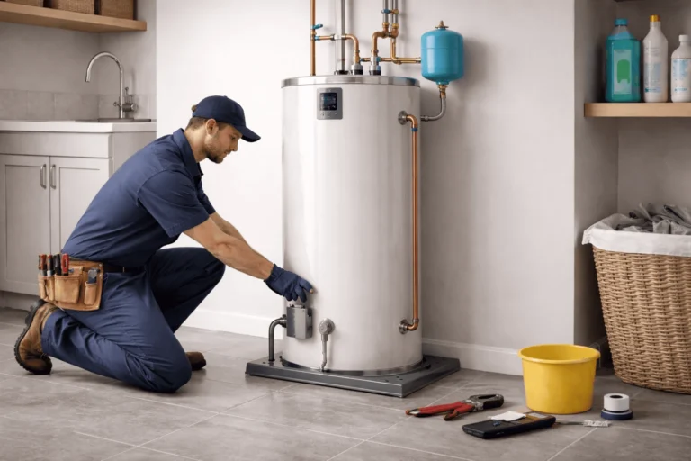 Professional plumber inspecting valves and piping on a residential water heater
