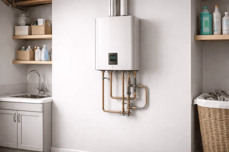 Wall mounted tankless water heater with copper piping in a modern utility room
