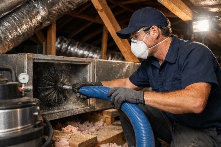 Licensed HVAC technician cleaning air ducts in a California home attic using professional duct cleaning equipment to improve indoor air quality.