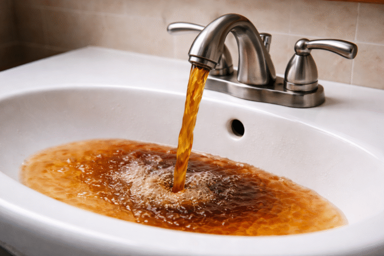 Rusty brown water flowing from a household faucet in a California home