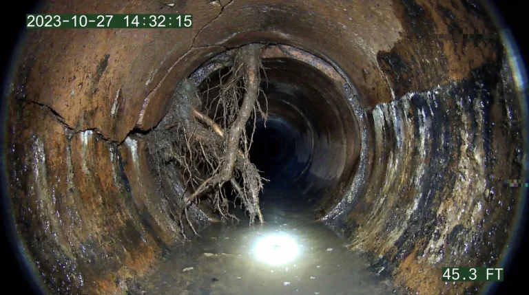Sewer camera inspection showing tree roots inside damaged sewer pipe.
