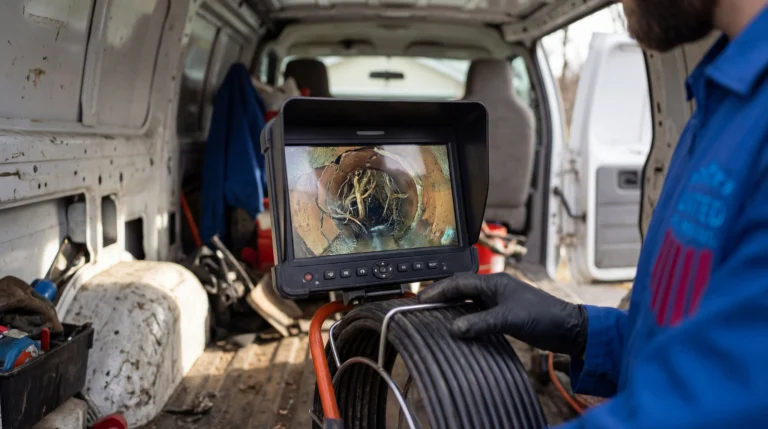 sewer camera inspection showing tree root intrusion in cracked clay sewer pipe in California home