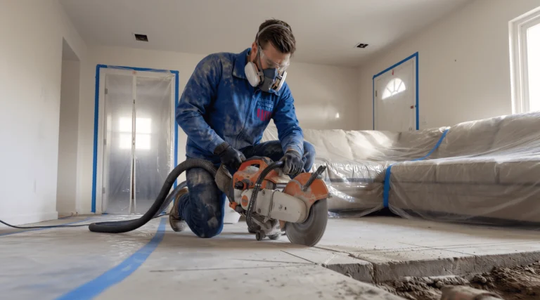 plumber accessing sewer line under concrete slab foundation