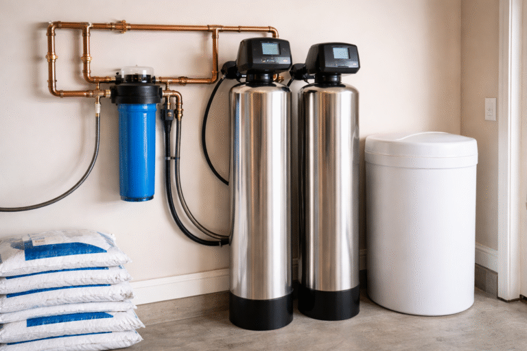 Whole-house water softener and filtration system installed in a residential home