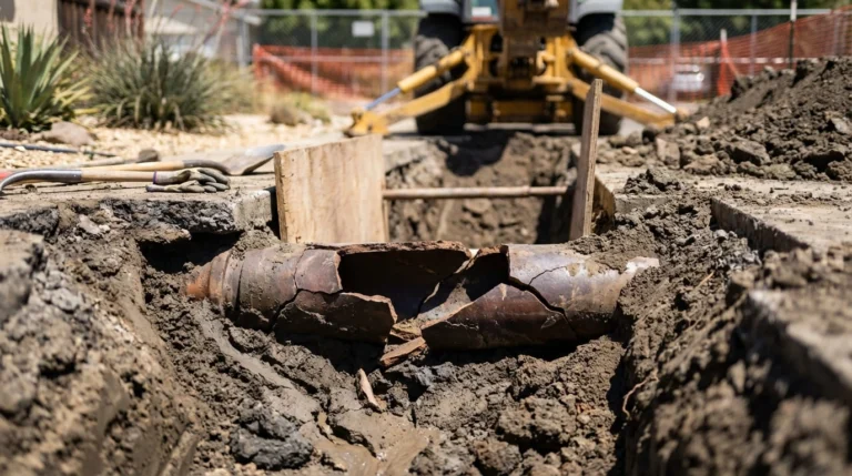 Collapsed cast iron sewer pipe being replaced in a California residential trench