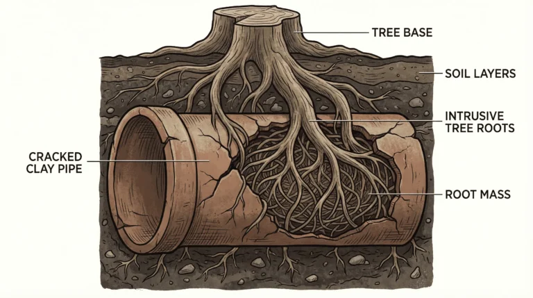 tree roots growing into damaged sewer pipe