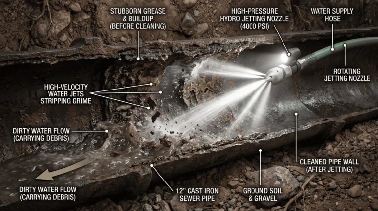 hydro jetting cleaning grease buildup inside sewer pipe with high pressure water nozzle