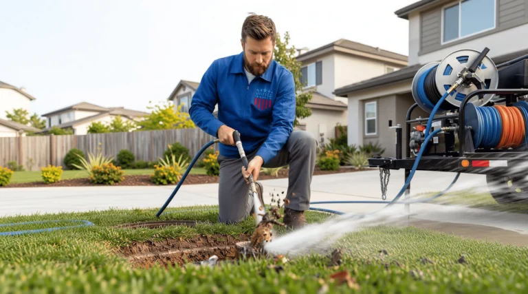 plumber performing hydro jetting to clear clogged sewer line in residential yard
