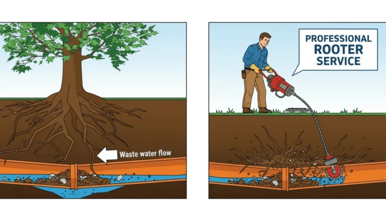 drain snaking rooter machine clearing tree roots from sewer pipe
