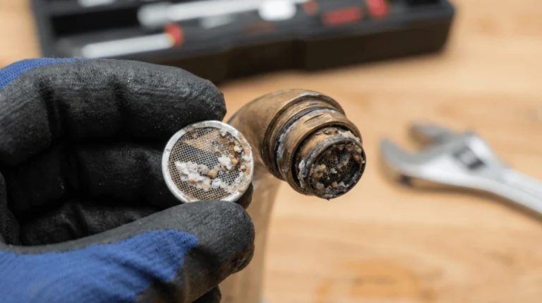 Close-up of clogged faucet aerator with sediment buildup.