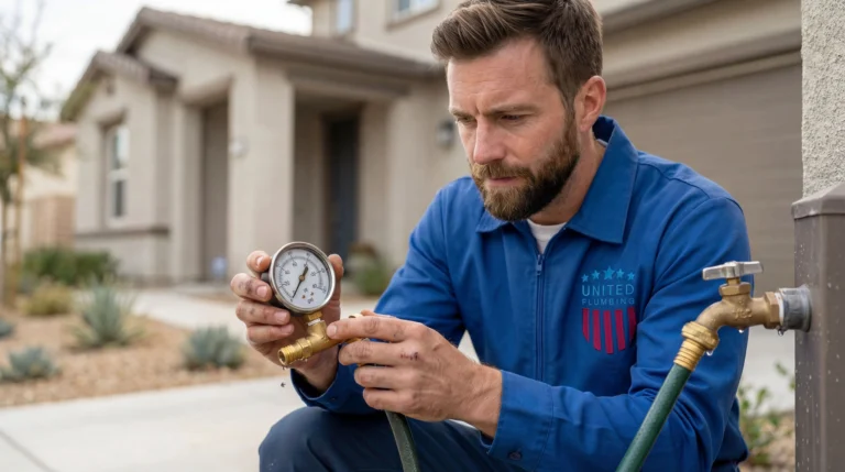 Technician testing home water pressure using a pressure gauge attached to an outdoor hose bib.