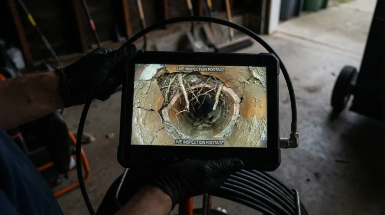 Sewer line collapse in California shown during live camera inspection with root intrusion and cracked pipe