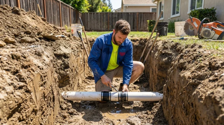 Plumber installing new PVC sewer line during collapse repair in California