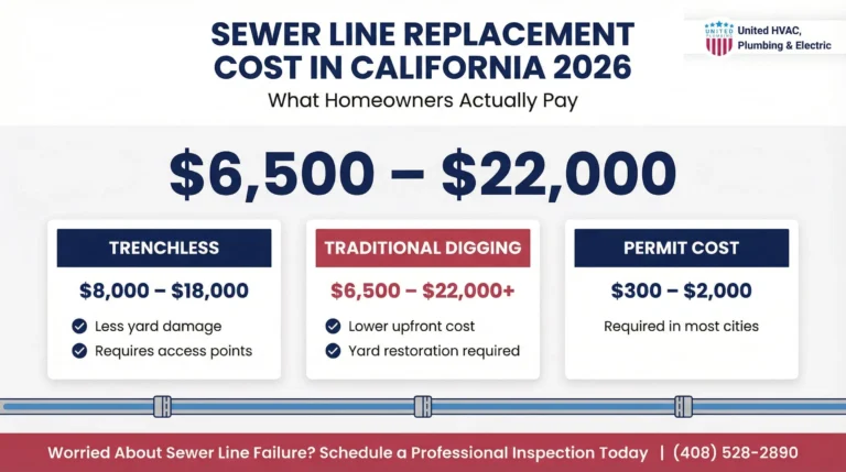 Sewer line replacement cost in California 2026 infographic showing trenchless and traditional pricing