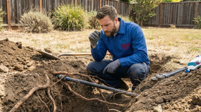 Plumber inspecting underground water supply line with trench open near tree roots.