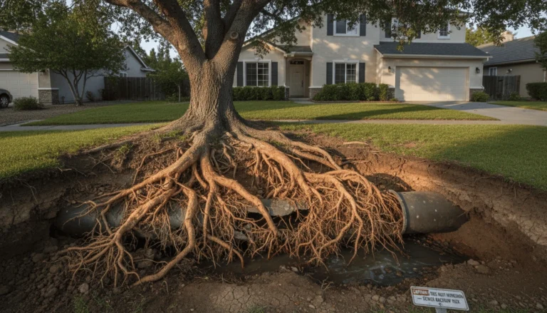 tree roots growing into underground sewer pipe causing blockage

