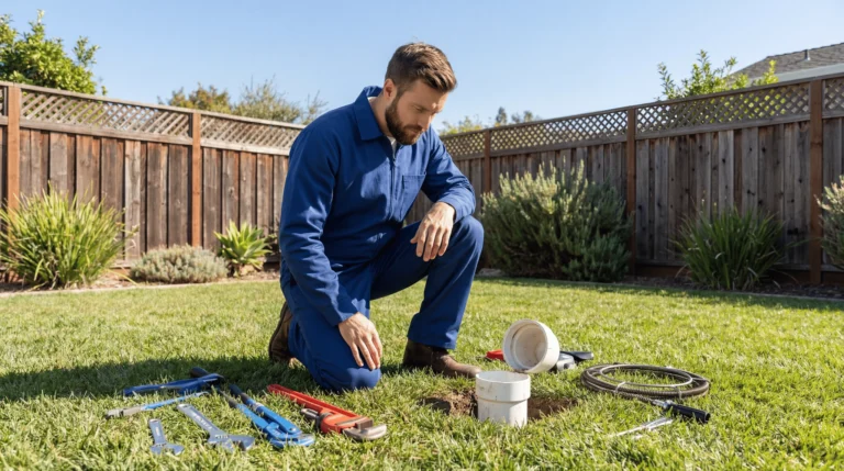 licensed plumber inspecting residential sewer cleanout in San Jose CA backyard