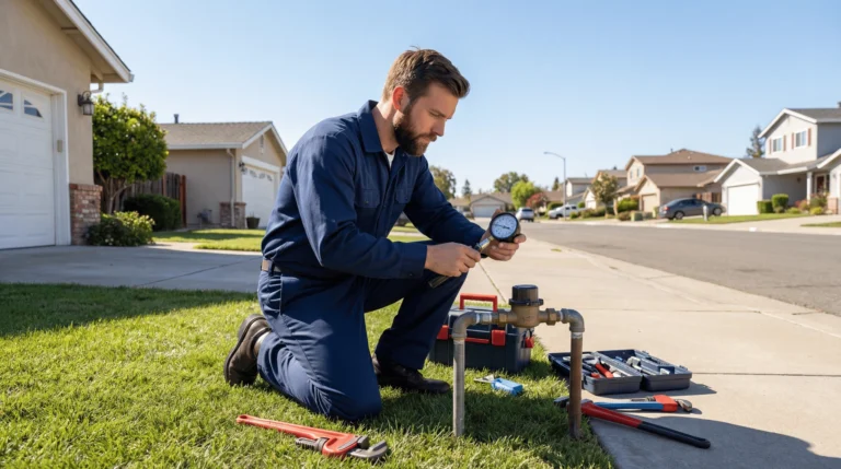 licensed plumber using pressure gauge to diagnose low water pressure in San Jose CA
