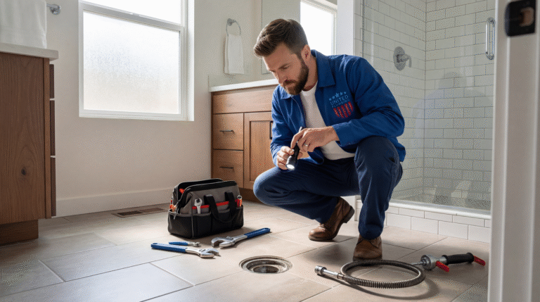 drain smell San Jose plumber inspecting bathroom floor drain